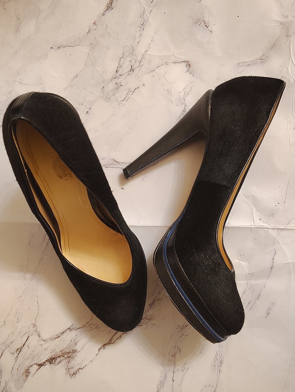 Classic Fur Black High Heel Pumps - Sleek Women's Platform Stilettos